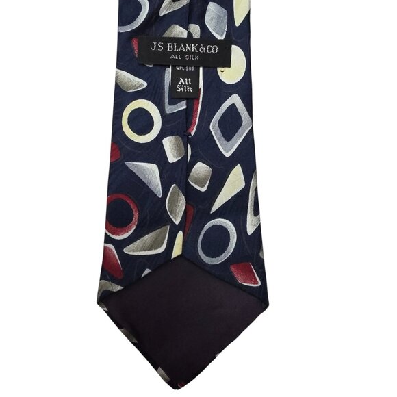 JS Blank & Co Geometric Print Navy Cream Burgundy Silk Mens Tie - Picture 4 of 4